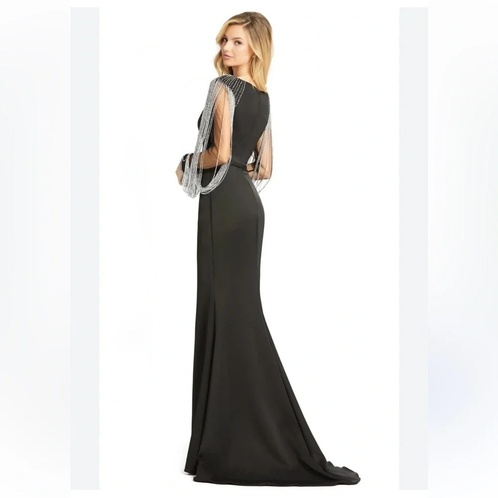 Mac Duggal black beaded Embellished Full Sleeve Jersey Fitted Fit Flare gown 2